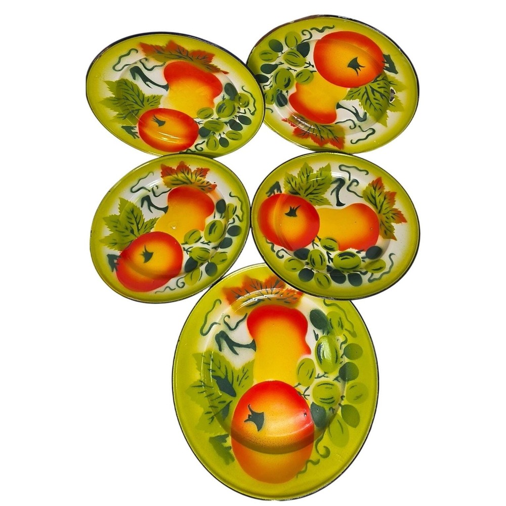 5 Vintage Enamelware Fruit Plates Green Blue Rim Farmhouse Folk Art 10in READ